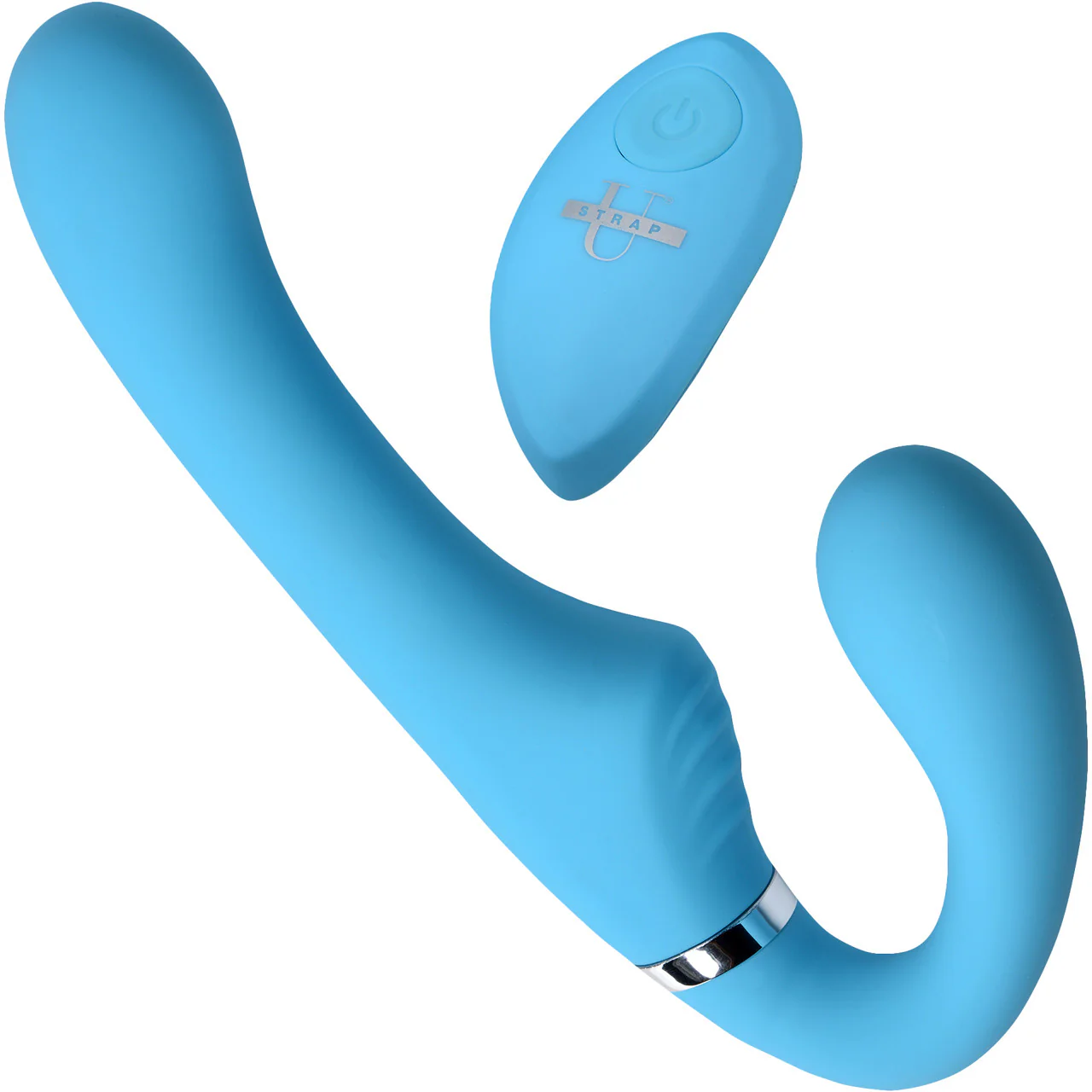 10x Mighty Rider Vibrating Silicone Strapless Strap-On With Remote Control By Strap U - Blue - Image 5