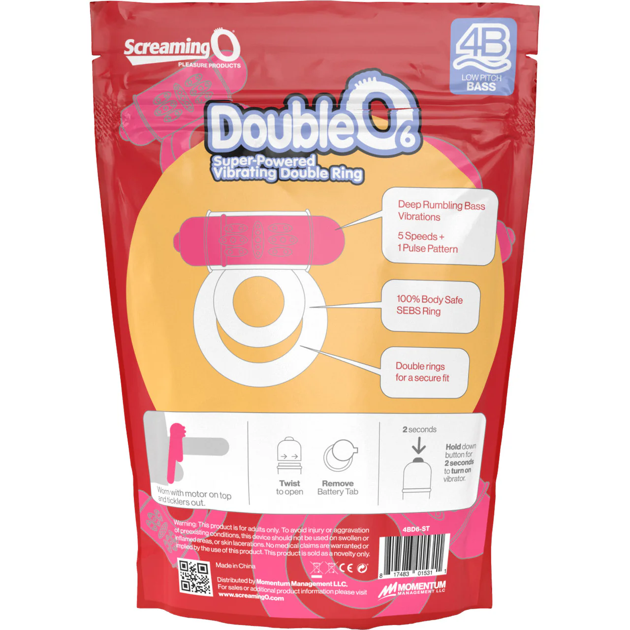 4B DoubleO 6 Super-Powered Vibrating Double Cock Ring By Screaming O - Strawberry - Image 4
