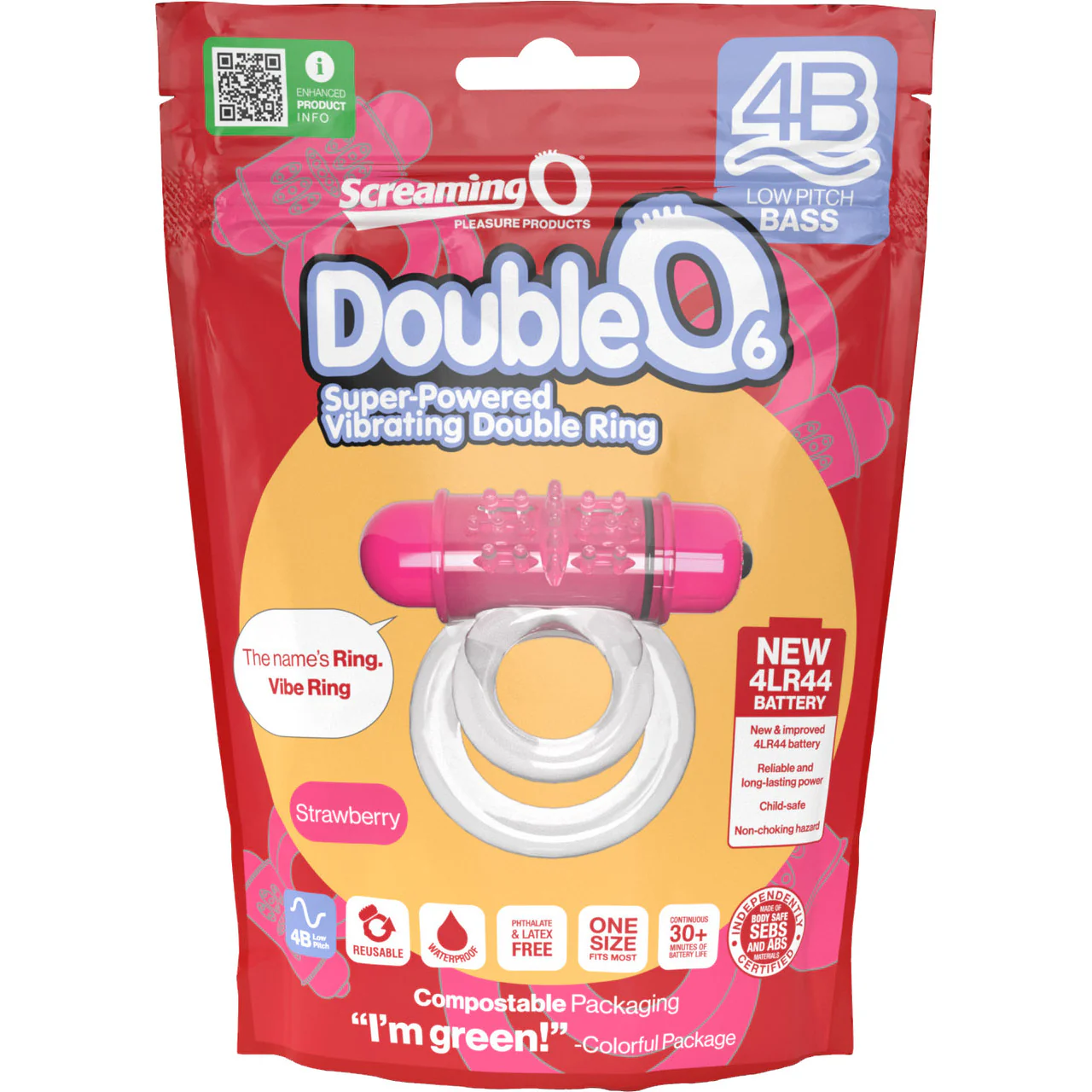 4B DoubleO 6 Super-Powered Vibrating Double Cock Ring By Screaming O - Strawberry - Image 5
