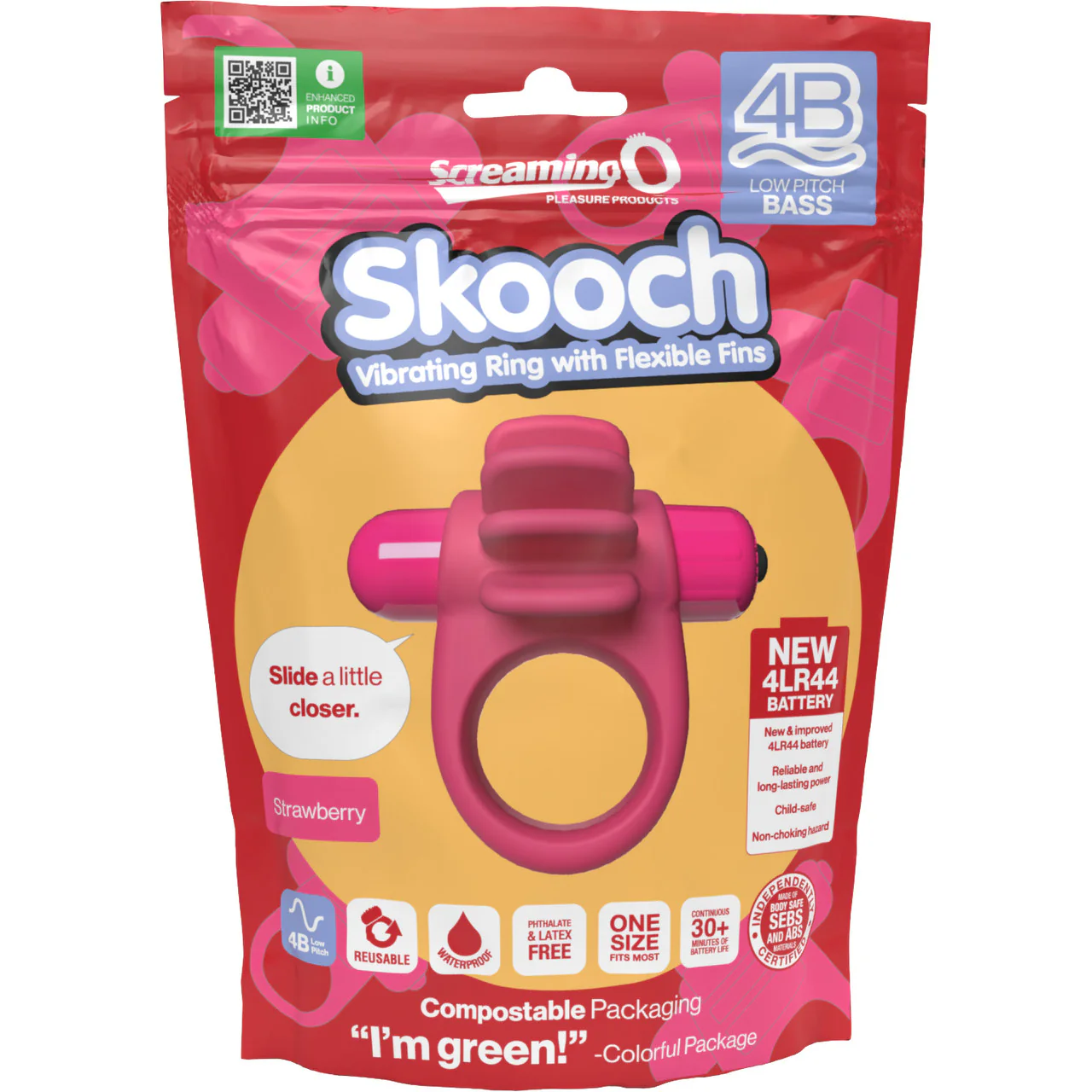 4B Skooch Vibrating Silicone Cock Ring By Screaming O - Strawberry - Image 5