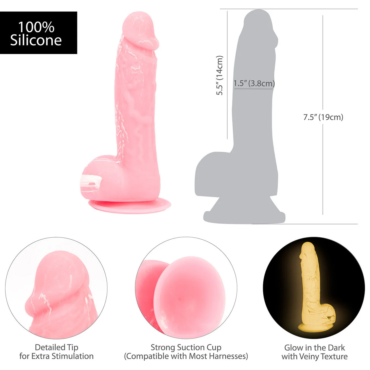 Addiction - Brandon 7.5" Glow In The Dark Silicone Suction Cup Dildo With Balls - Pink - Image 6