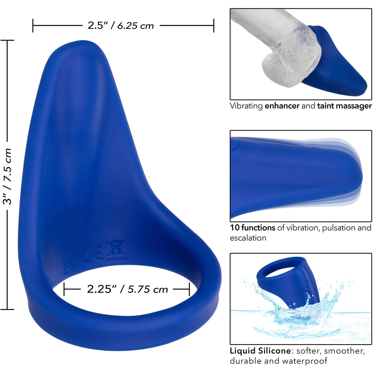 Admiral Liquid Silicone Rechargeable Waterproof Vibrating Perineum Massager & Cock Ring By CalExotics - Blue - Image 14
