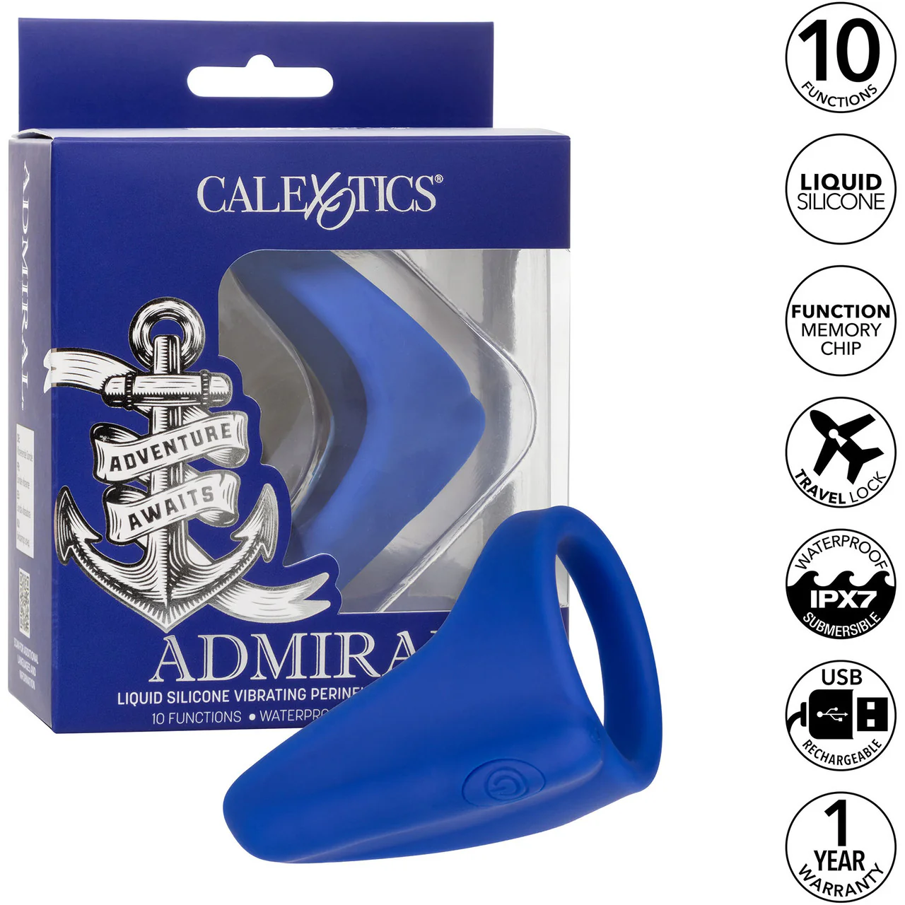 Admiral Liquid Silicone Rechargeable Waterproof Vibrating Perineum Massager & Cock Ring By CalExotics - Blue - Image 15