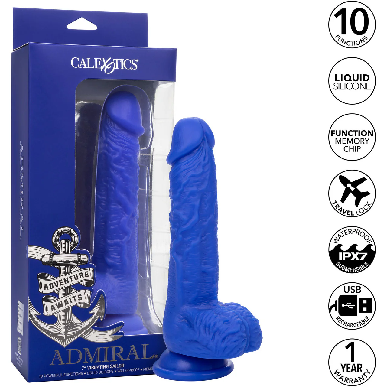 Admiral Sailor 7" Rechargeable Waterproof Vibrating Silicone Suction Cup Dildo By CalExotics - Blue - Image 12