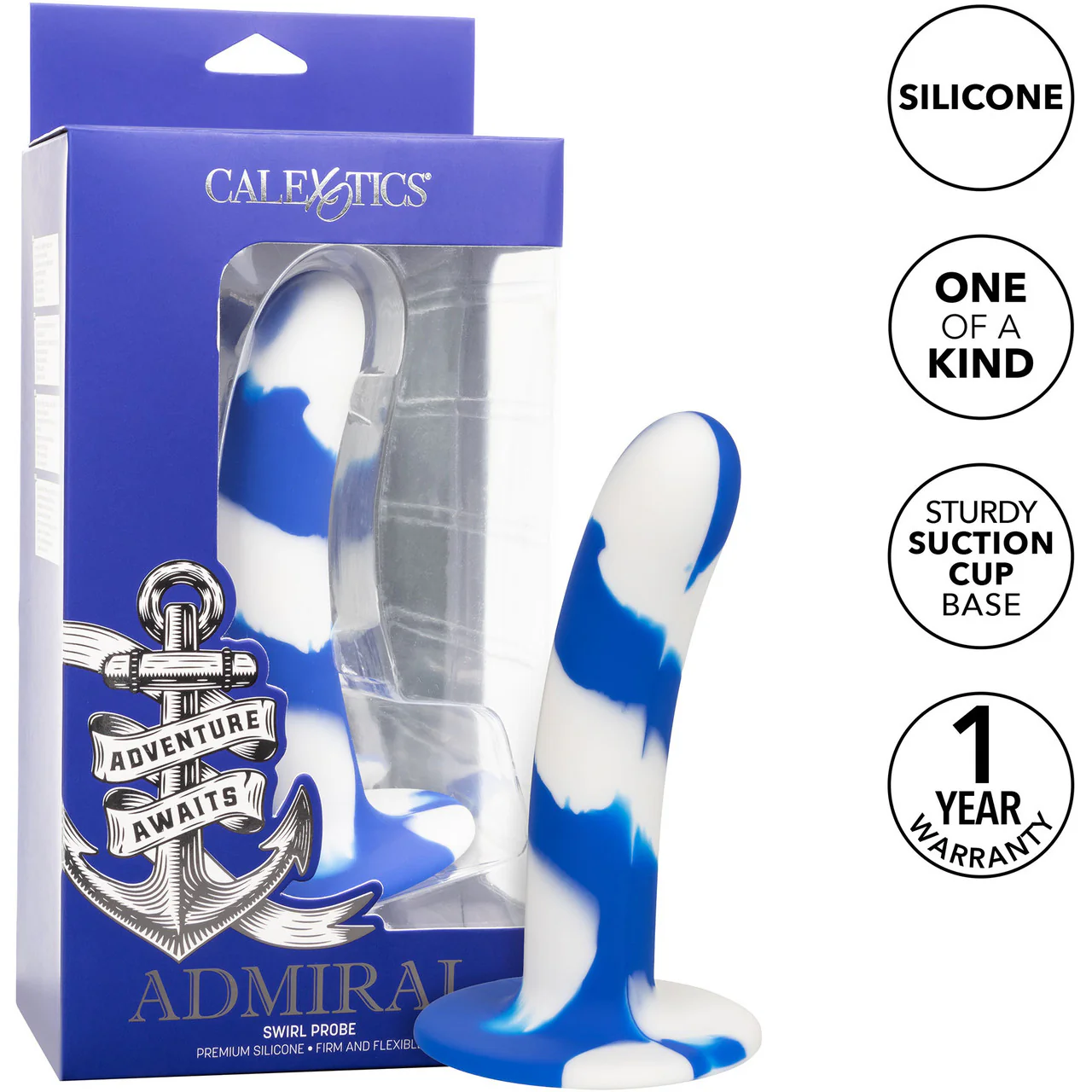 Admiral Swirl Probe 5.5" Silicone Suction Cup Dildo By CalExotics - Blue & White - Image 9