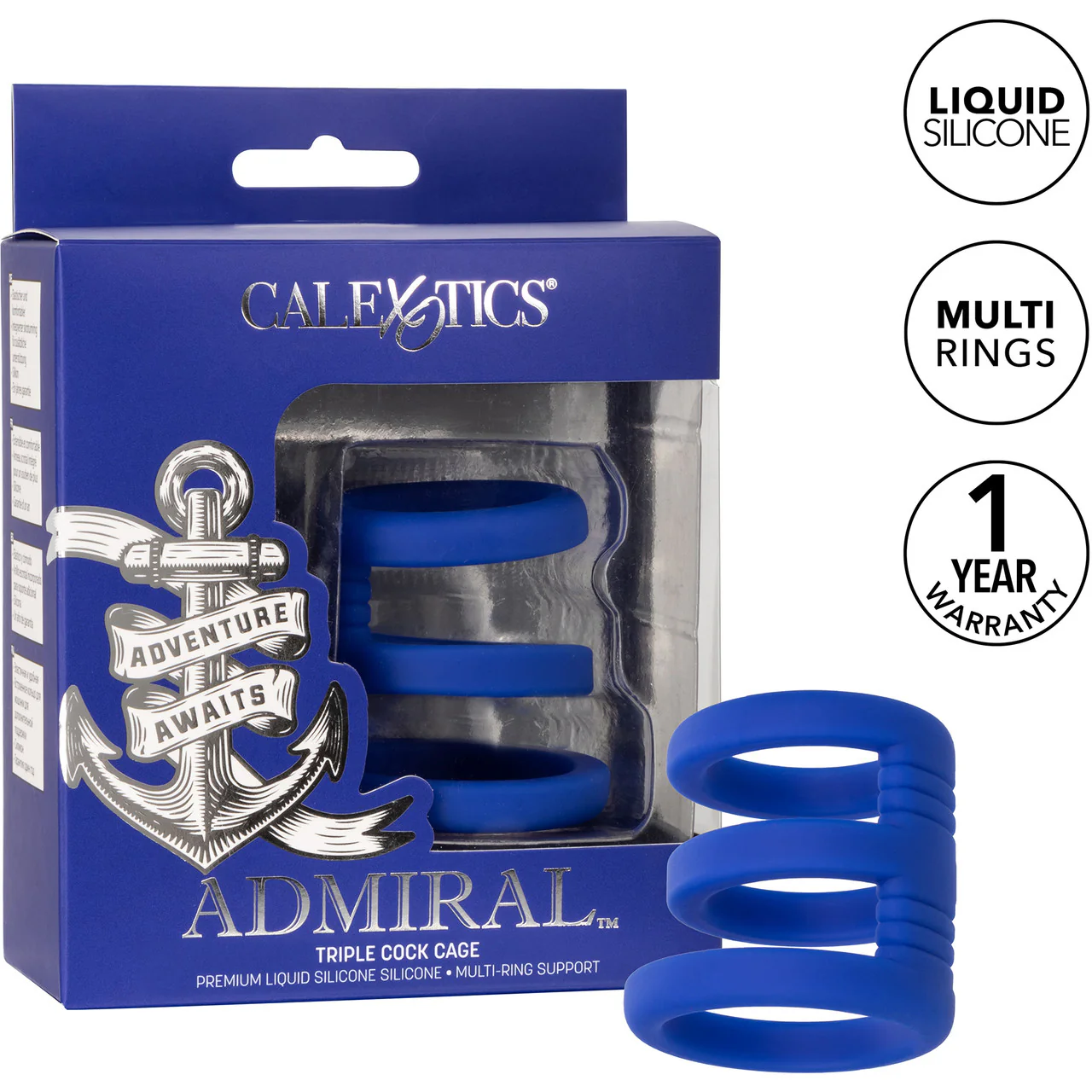 Admiral Triple Silicone Cock Cage & Ring By CalExotics - Blue - Image 11