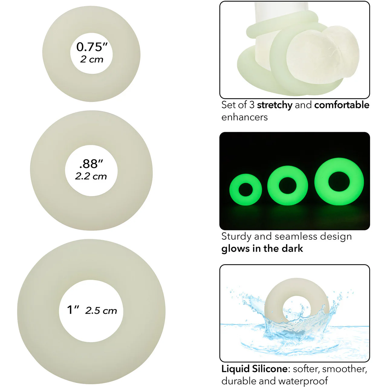 Alpha Glow In The Dark Liquid Silicone 3 Piece Cock Ring Set By CalExotics - White - Image 5