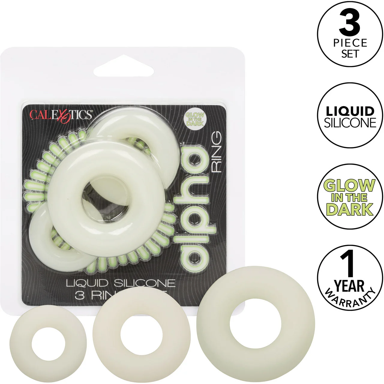 Alpha Glow In The Dark Liquid Silicone 3 Piece Cock Ring Set By CalExotics - White - Image 6