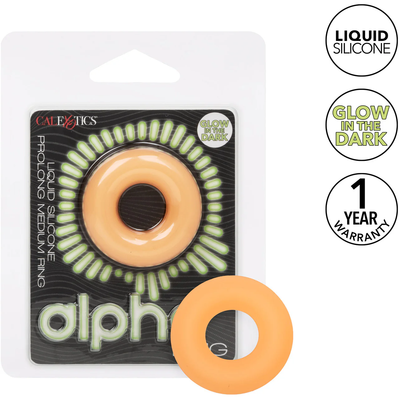 Alpha Glow In The Dark Liquid Silicone Prolong Medium Cock Ring By CalExotics - Orange - Image 6
