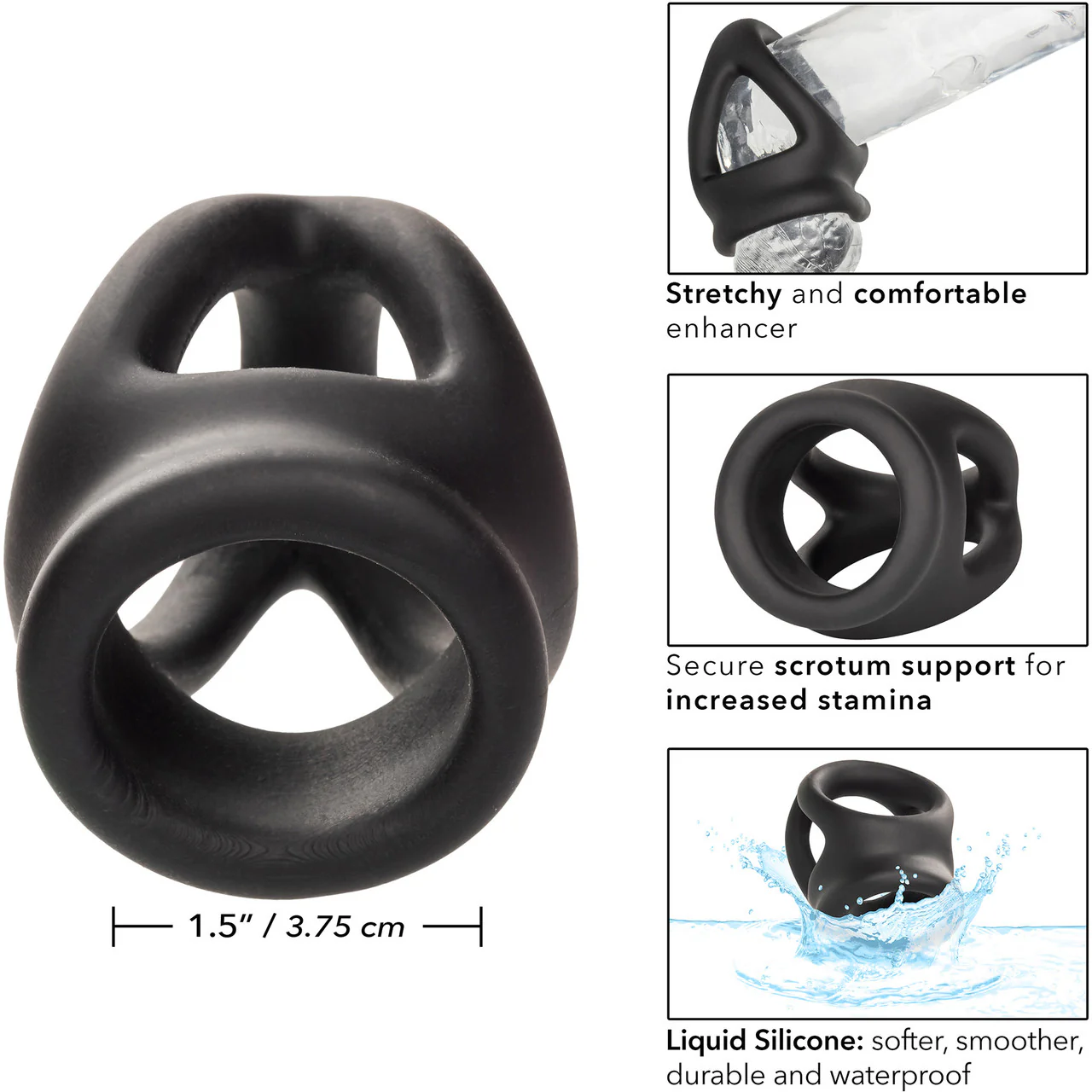 Alpha Liquid Silicone Dual Cage & Cock Ring By CalExotics - Black - Image 10