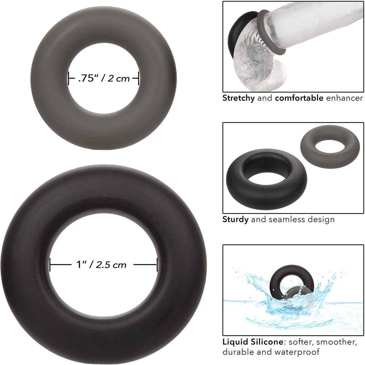 Alpha Liquid Silicone Prolong 2 Piece Cock Ring Set By CalExotics - Black & Gray - Image 6