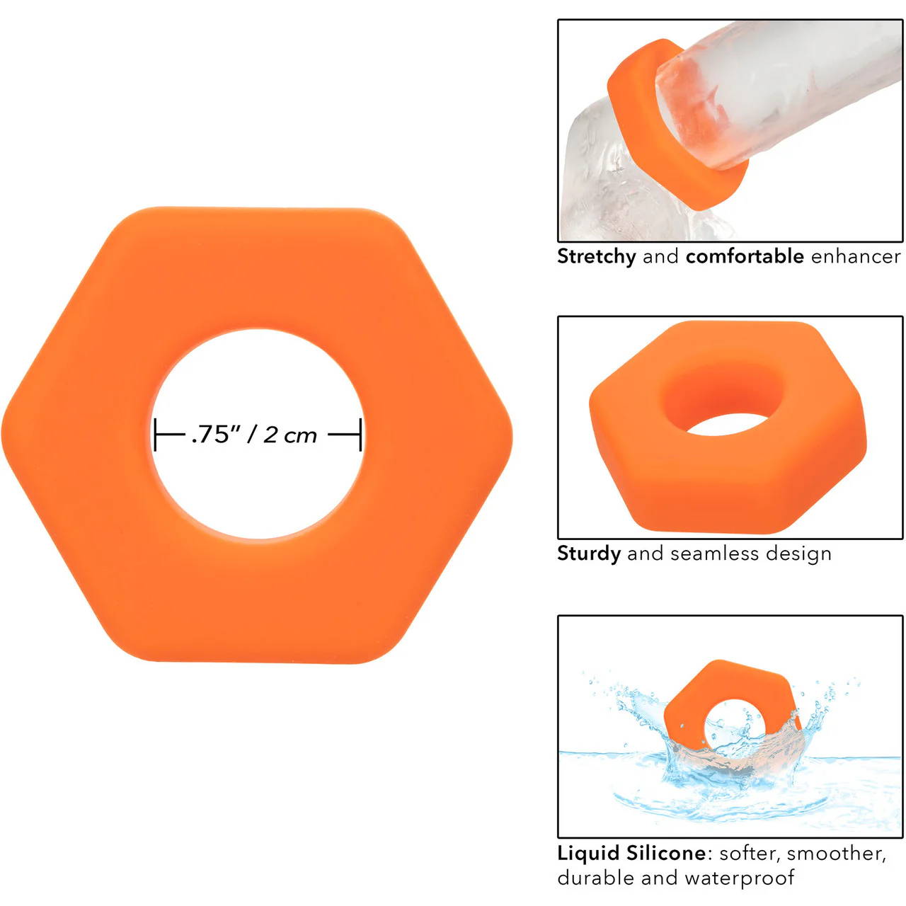 Alpha Liquid Silicone Prolong Sexagon Cock Ring By CalExotics - Orange - Image 4