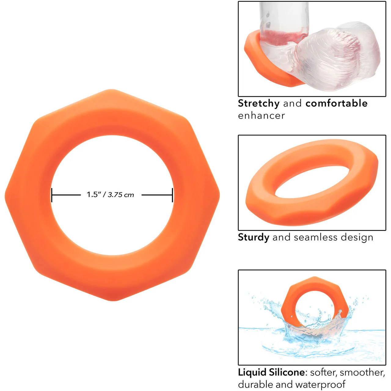 Alpha Liquid Silicone Sexagon Cock Ring By CalExotics - Orange - Image 5