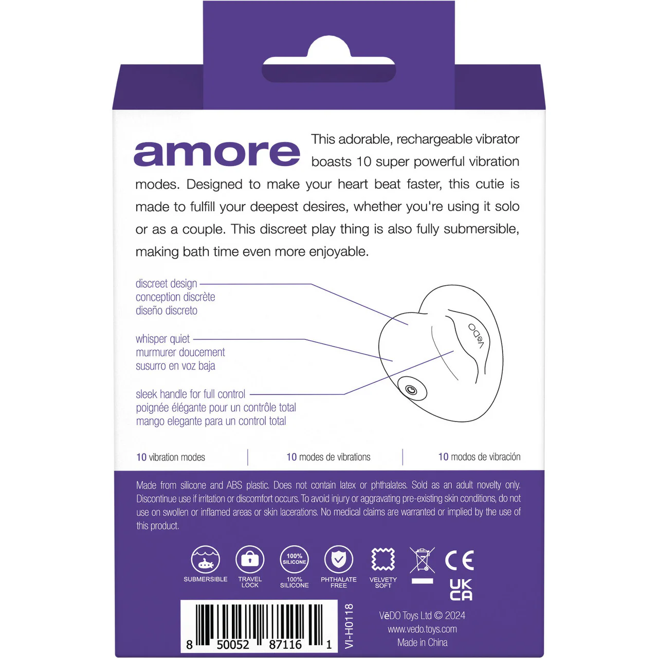 Amore Pleasure Vibe Silicone Heart Shaped Rechargeable Clitoral Stimulator By VeDO - Purple - Image 4