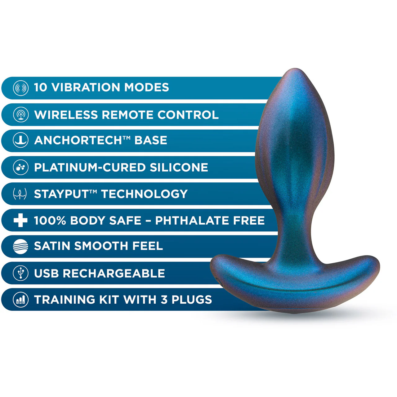 Anal Adventures Matrix Cosmos 3-Piece Silicone Anal Training Kit With Vibrating Butt Plug & Remote By Blush - Lunar Blue - Image 11