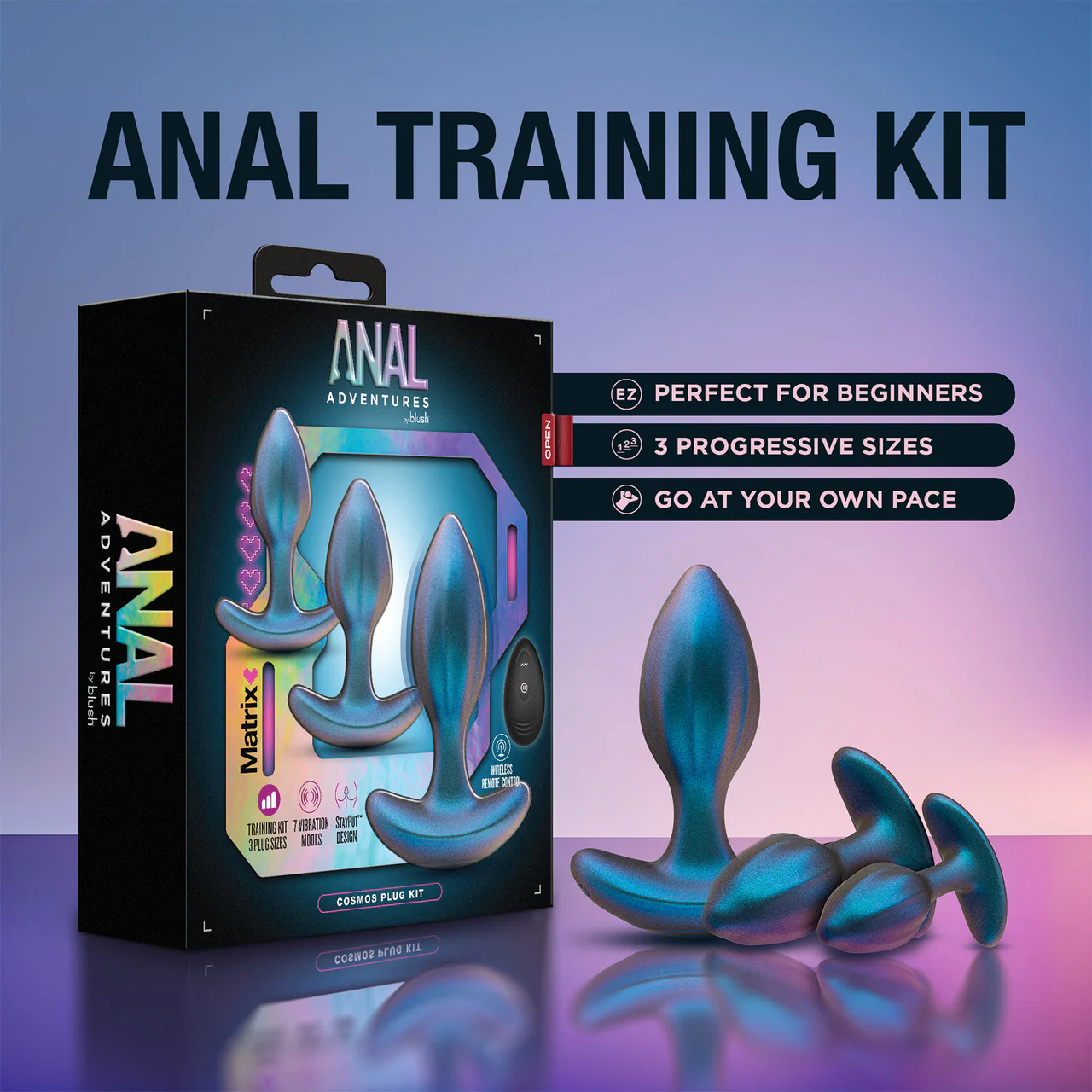 Anal Adventures Matrix Cosmos 3-Piece Silicone Anal Training Kit With Vibrating Butt Plug & Remote By Blush - Lunar Blue - Image 8