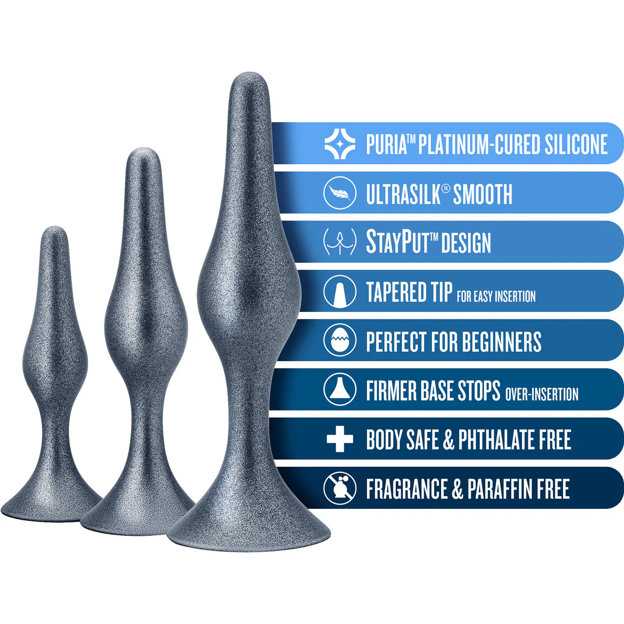 Anal Adventures Matrix Genesis 3-Piece Silicone Butt Plug Kit By Blush - Stellar Silver - Image 6