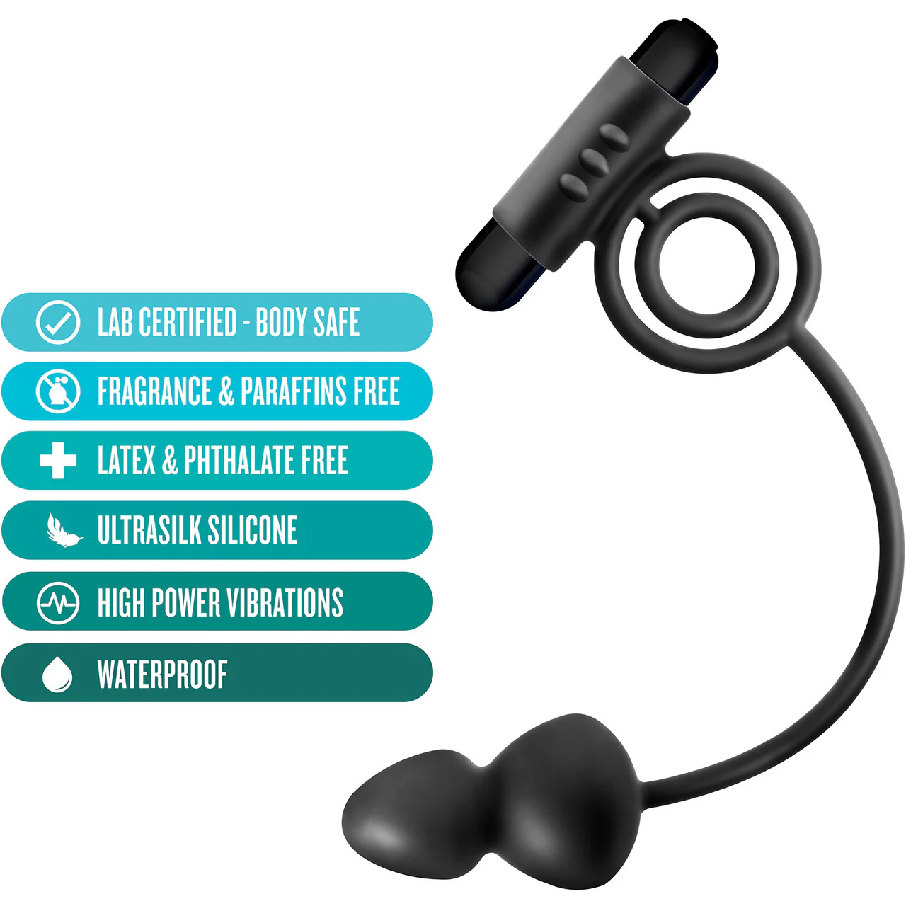 Anal Adventures Platinum Silicone Anal Plug With Vibrating Cock Ring By Blush - Black - Image 4