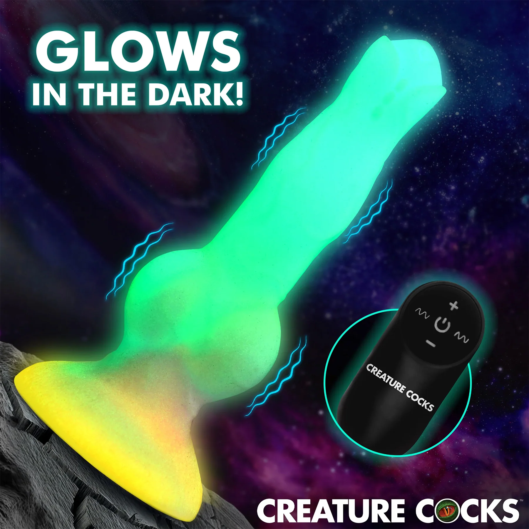 Astro Cock 8" Vibrating Glow-in-the-Dark Silicone Suction Cup Dildo With Remote By Creature Cocks - Image 2