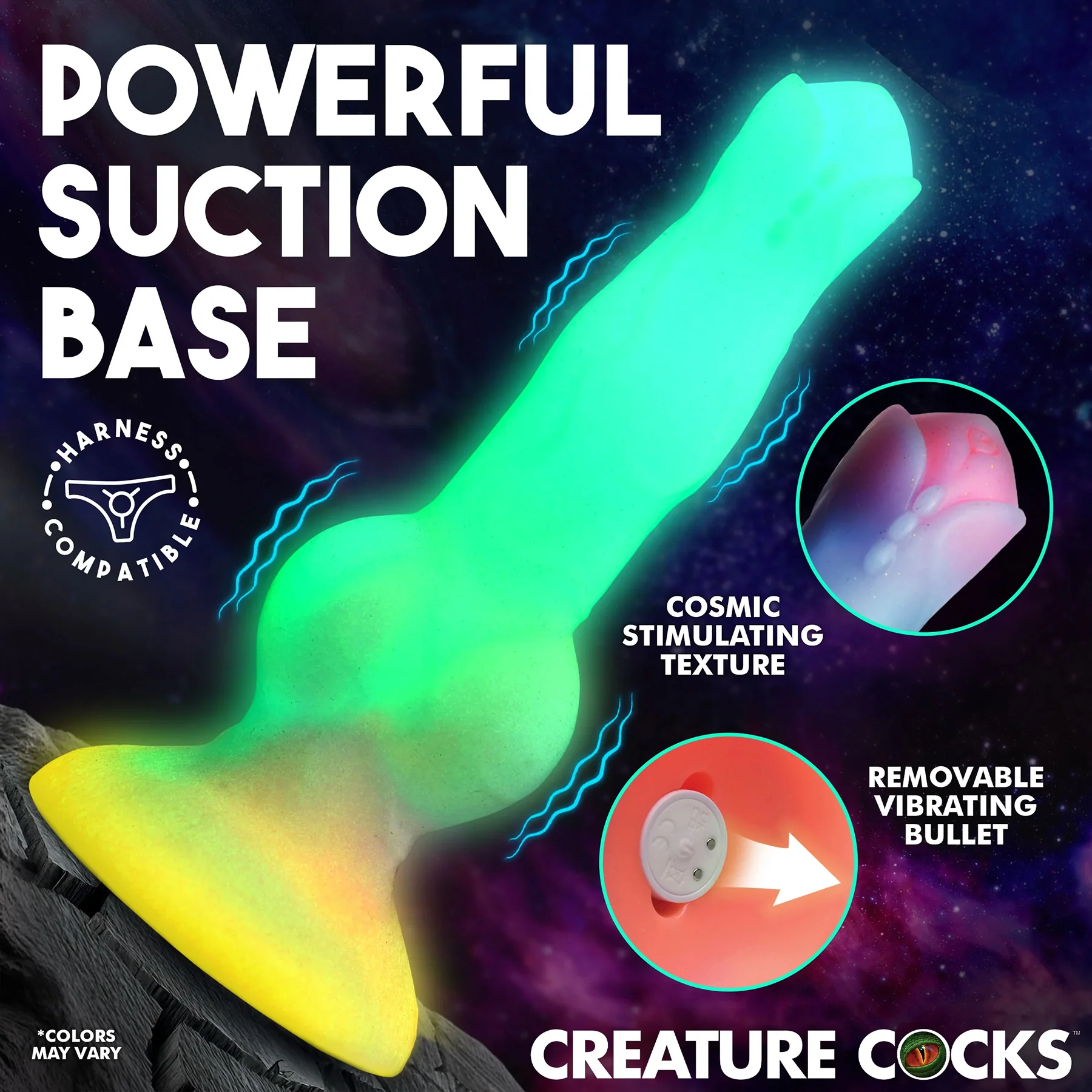 Astro Cock 8" Vibrating Glow-in-the-Dark Silicone Suction Cup Dildo With Remote By Creature Cocks - Image 4