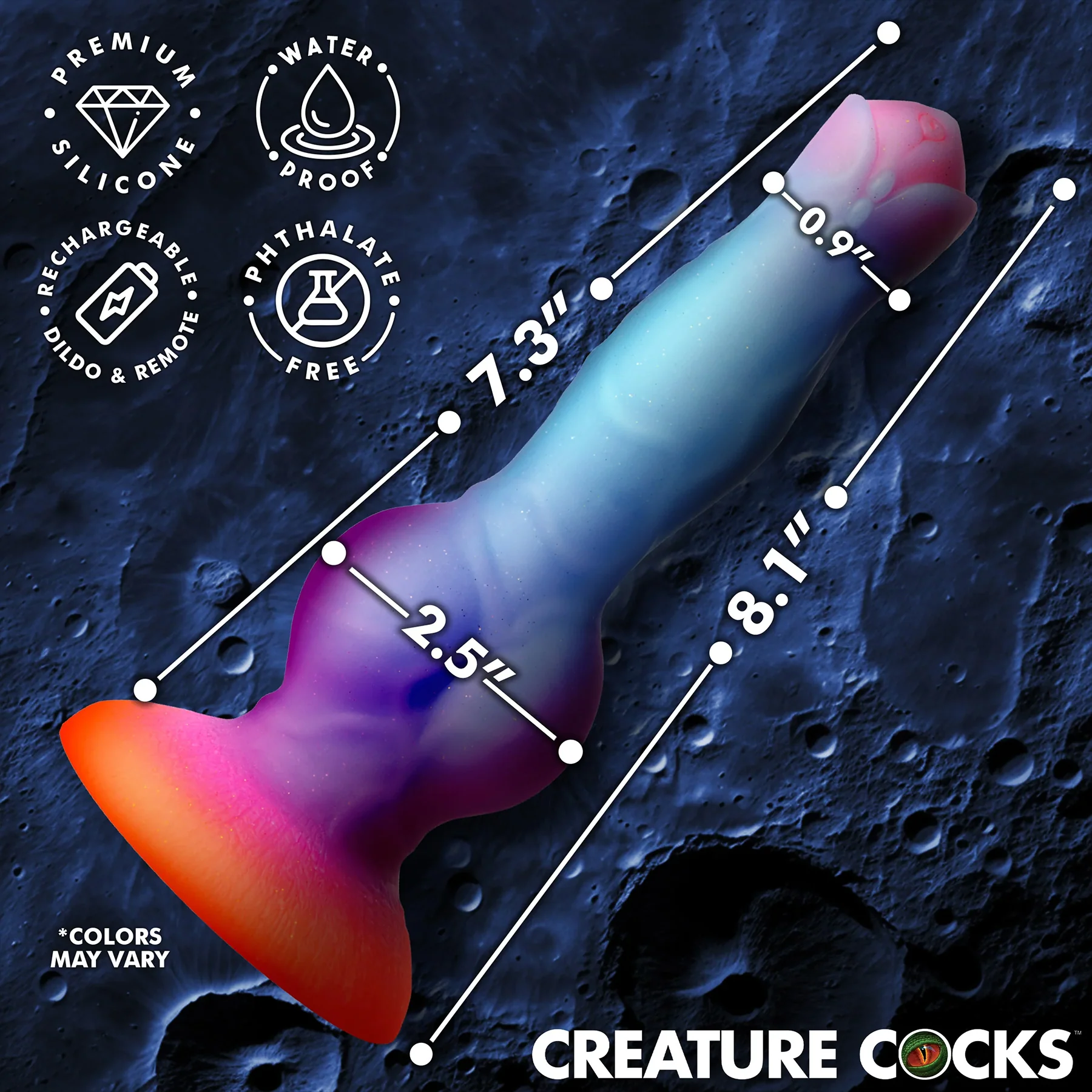 Astro Cock 8" Vibrating Glow-in-the-Dark Silicone Suction Cup Dildo With Remote By Creature Cocks - Image 7