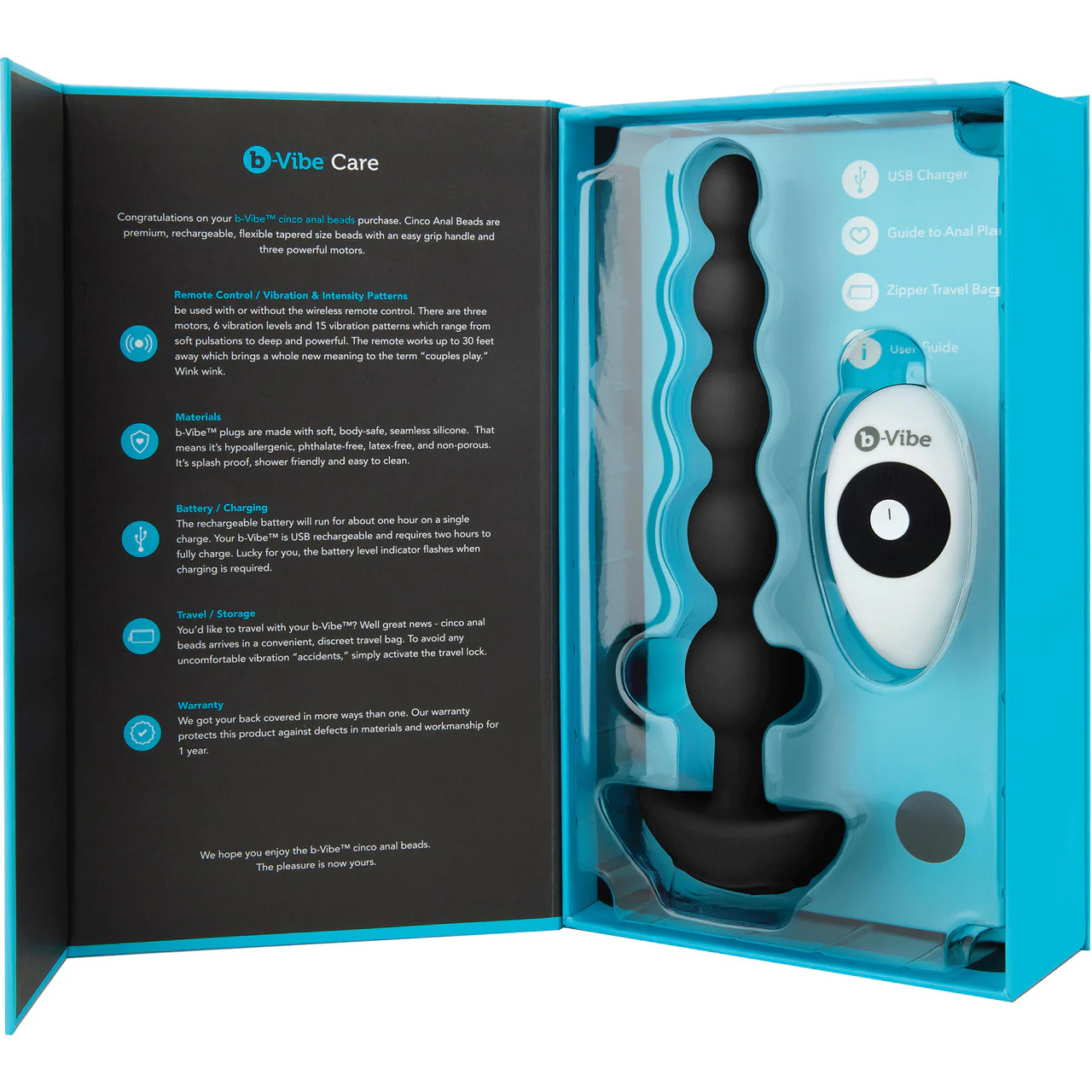 b-Vibe Cinco Vibrating Rechargeable Silicone Anal Beads With Remote - Black - Image 10