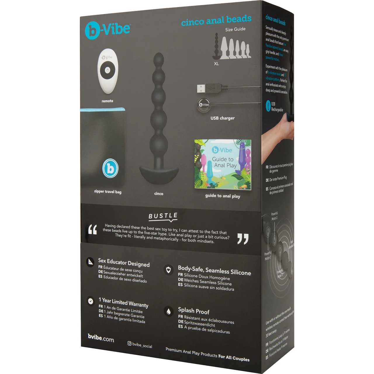 b-Vibe Cinco Vibrating Rechargeable Silicone Anal Beads With Remote - Black - Image 12