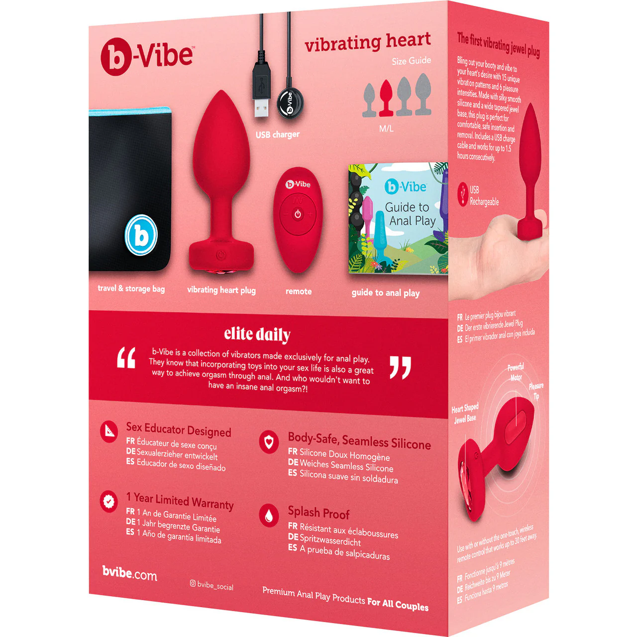 b-Vibe Vibrating Heart Silicone Rechargeable Anal Plug With Remote - Medium / Large - Image 12