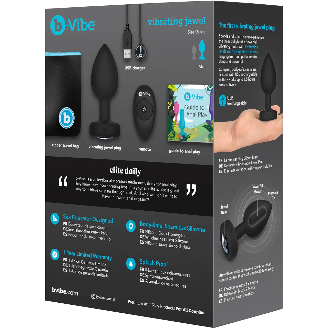 b-Vibe Vibrating Jewel Plug M/L Remote Control Silicone Anal Toy - Black - Image 13