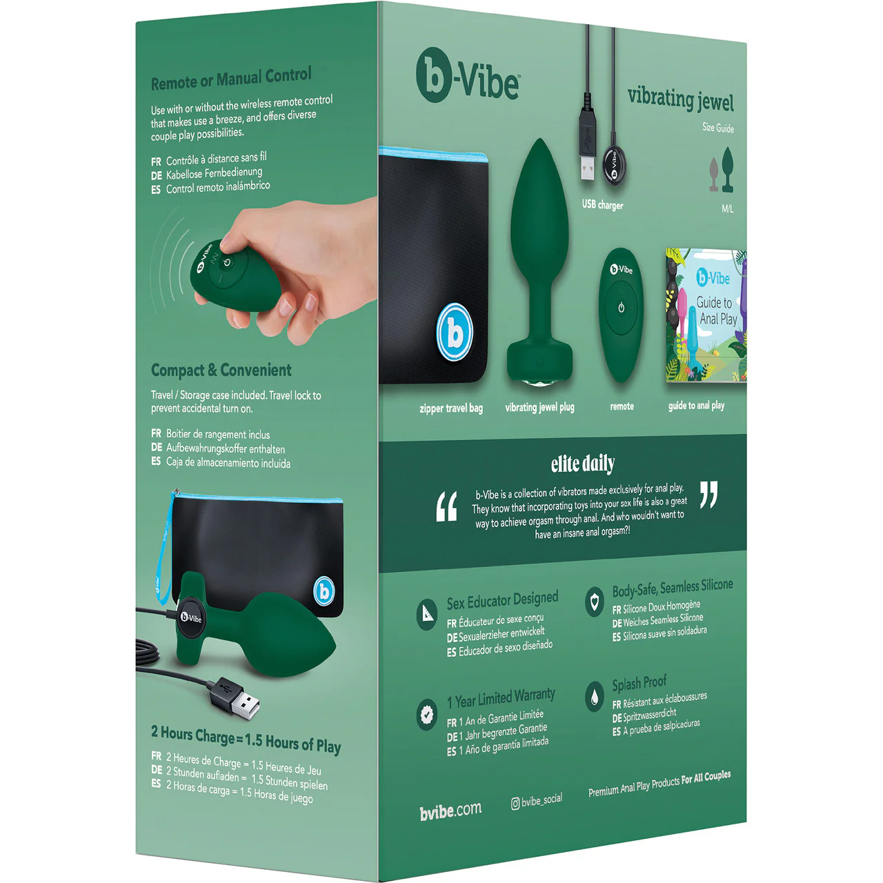 b-Vibe Vibrating Jewel Plug M/L Remote Control Silicone Anal Toy - Emerald Green - Image 13