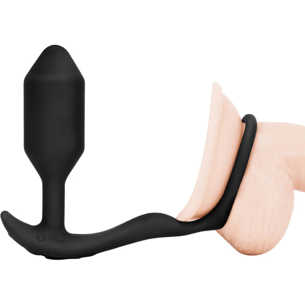 b-Vibe Vibrating Snug & Tug Weighted Silicone Plug & Penis-Ring - Medium - Image 3