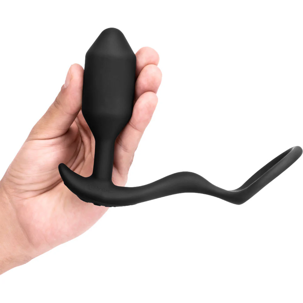 b-Vibe Vibrating Snug & Tug Weighted Silicone Plug & Penis-Ring - Medium - Image 4