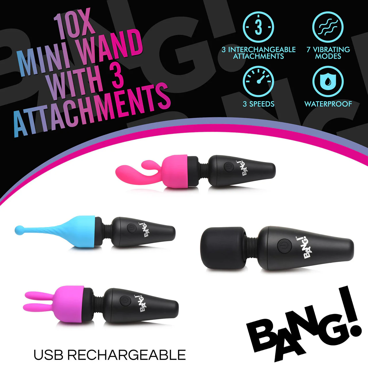 BANG! 10X Rechargeable Mini Wand With 3 Silicone Attachments - Image 6