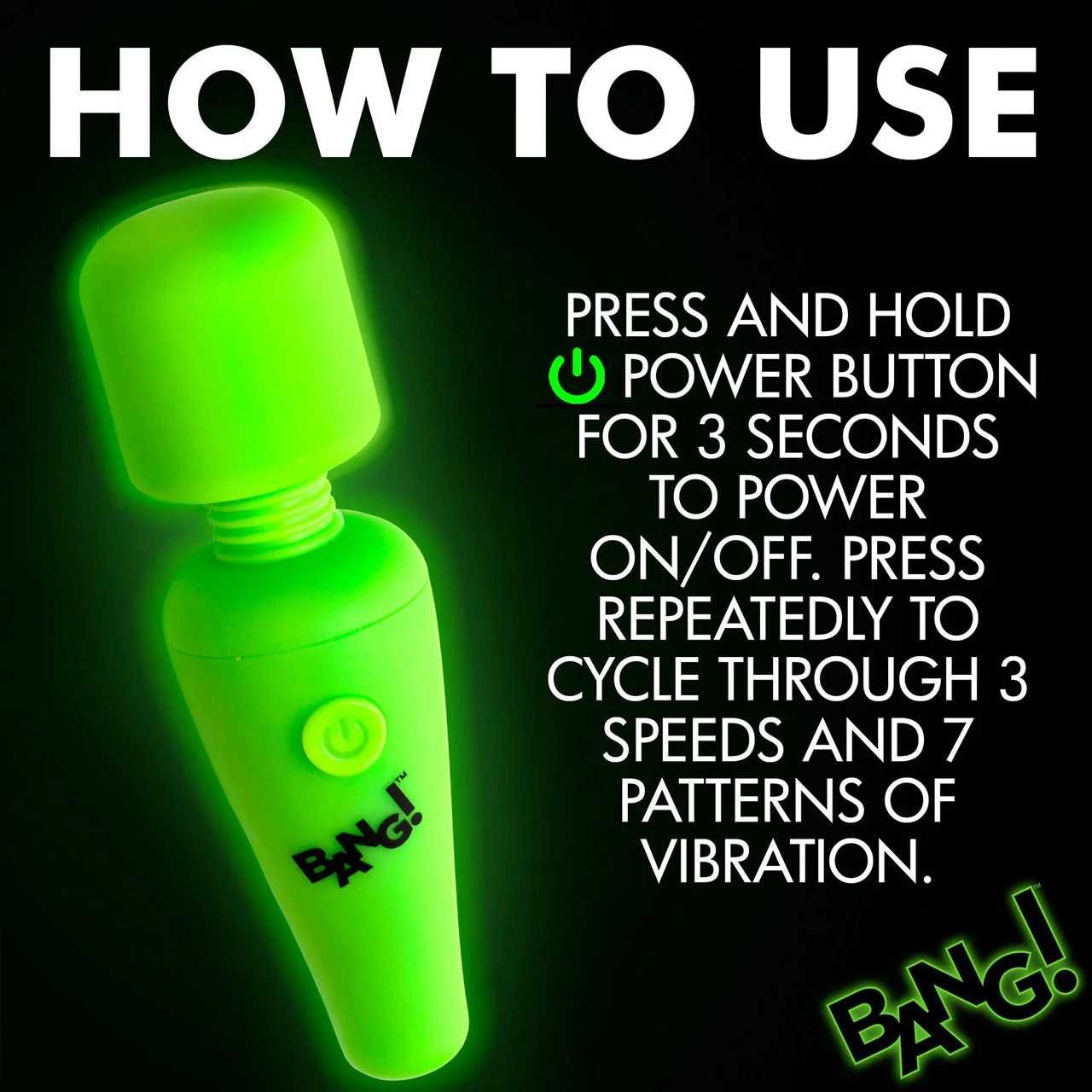 BANG! 10X Rechargeable Silicone Glow In The Dark Mini Wand Vibrator - Green - Image 10