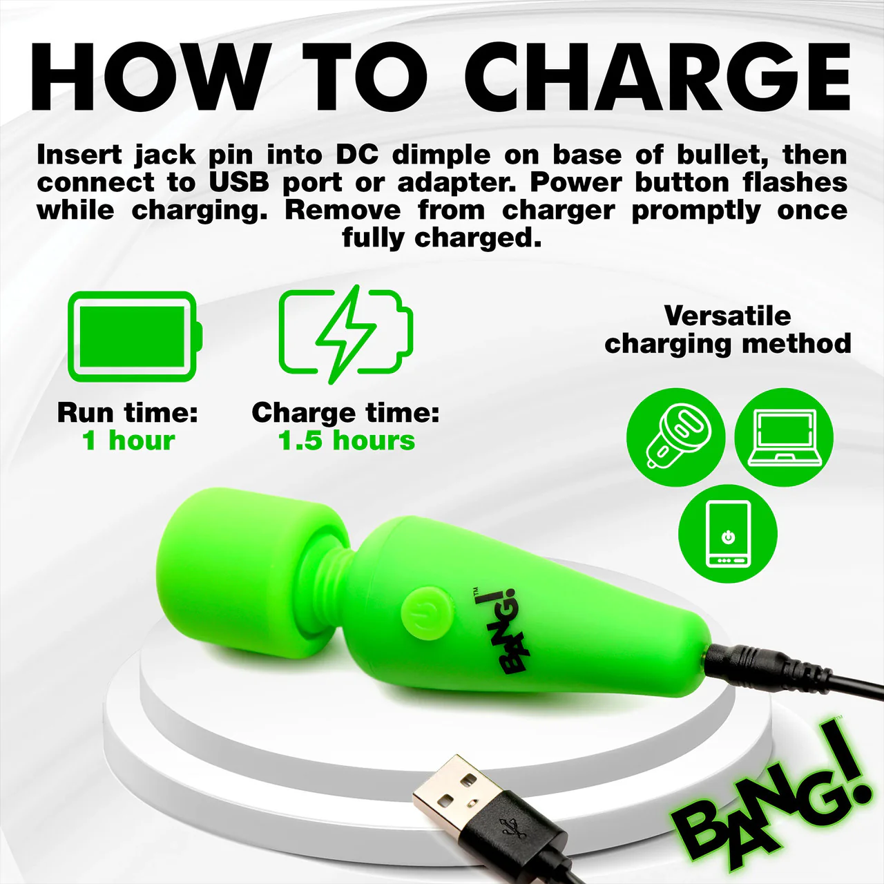 BANG! 10X Rechargeable Silicone Glow In The Dark Mini Wand Vibrator - Green - Image 11