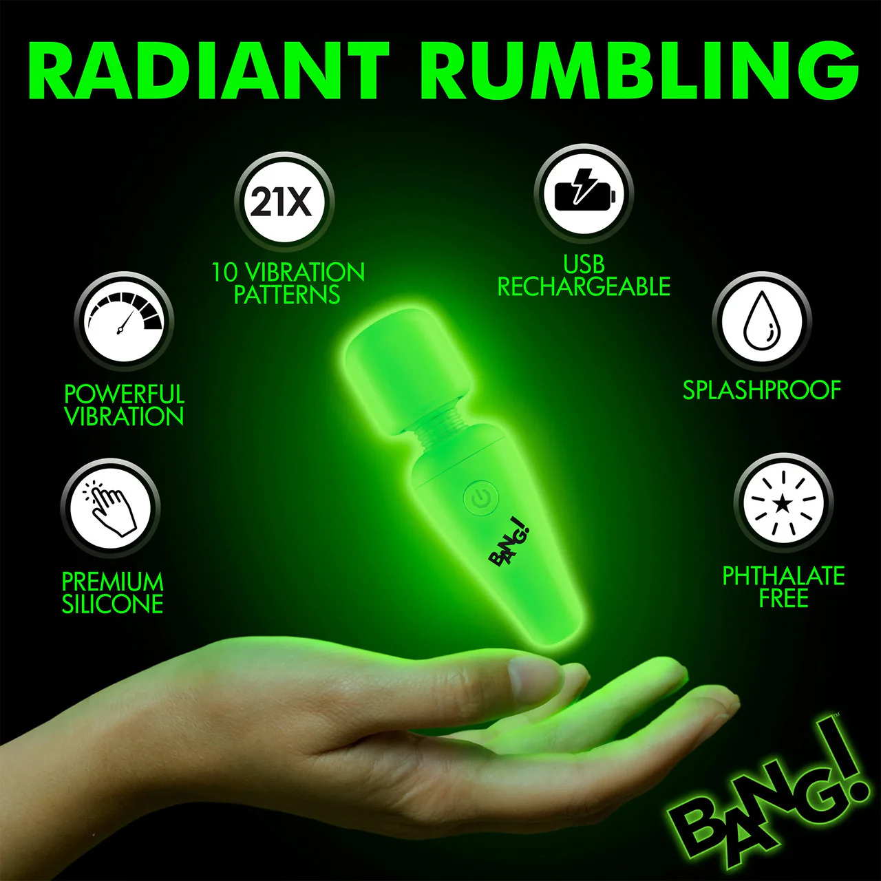 BANG! 10X Rechargeable Silicone Glow In The Dark Mini Wand Vibrator - Green - Image 9