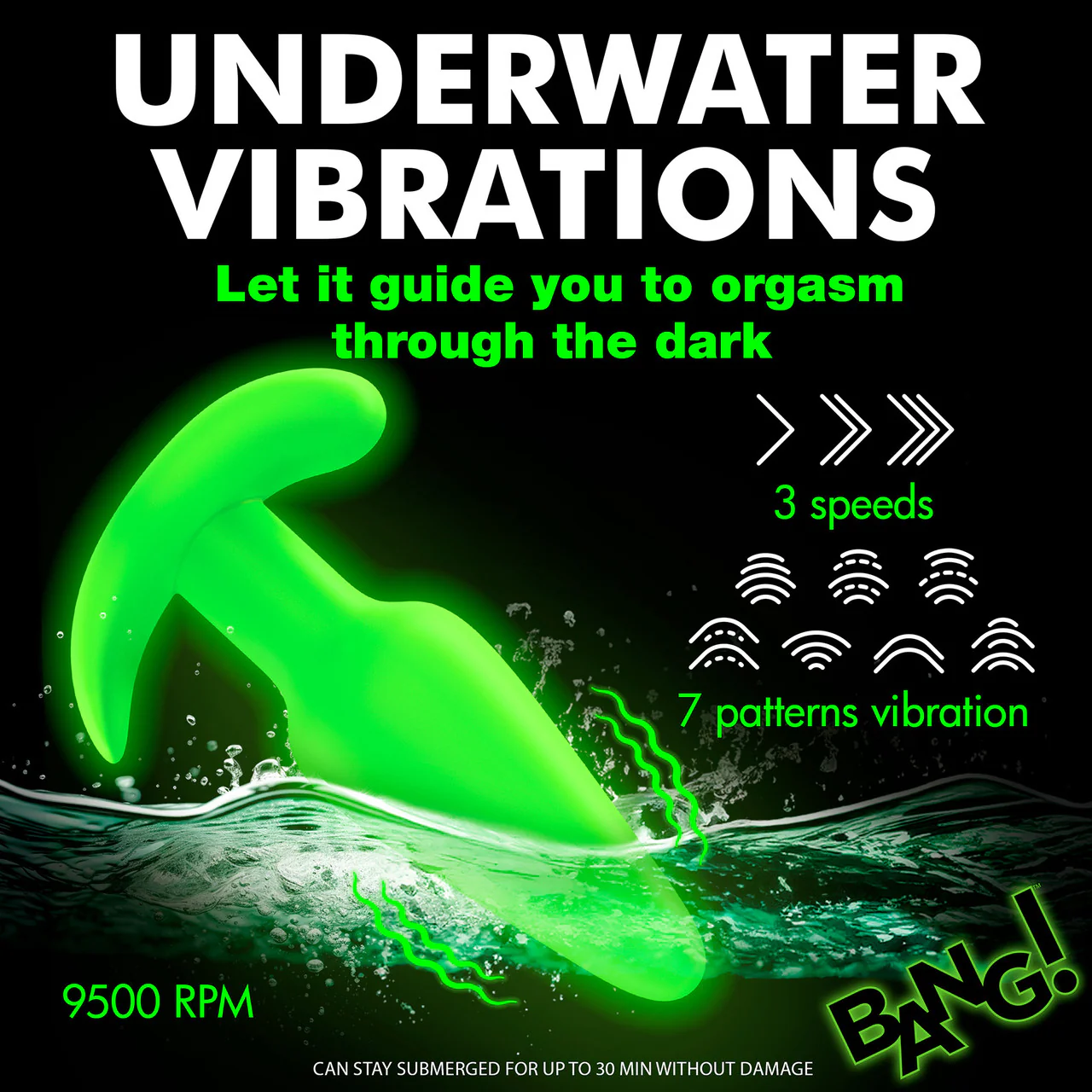 BANG! 21X Rechargeable Waterproof Vibrating Glow In The Dark Silicone Butt Plug With Remote - Green - Image 11