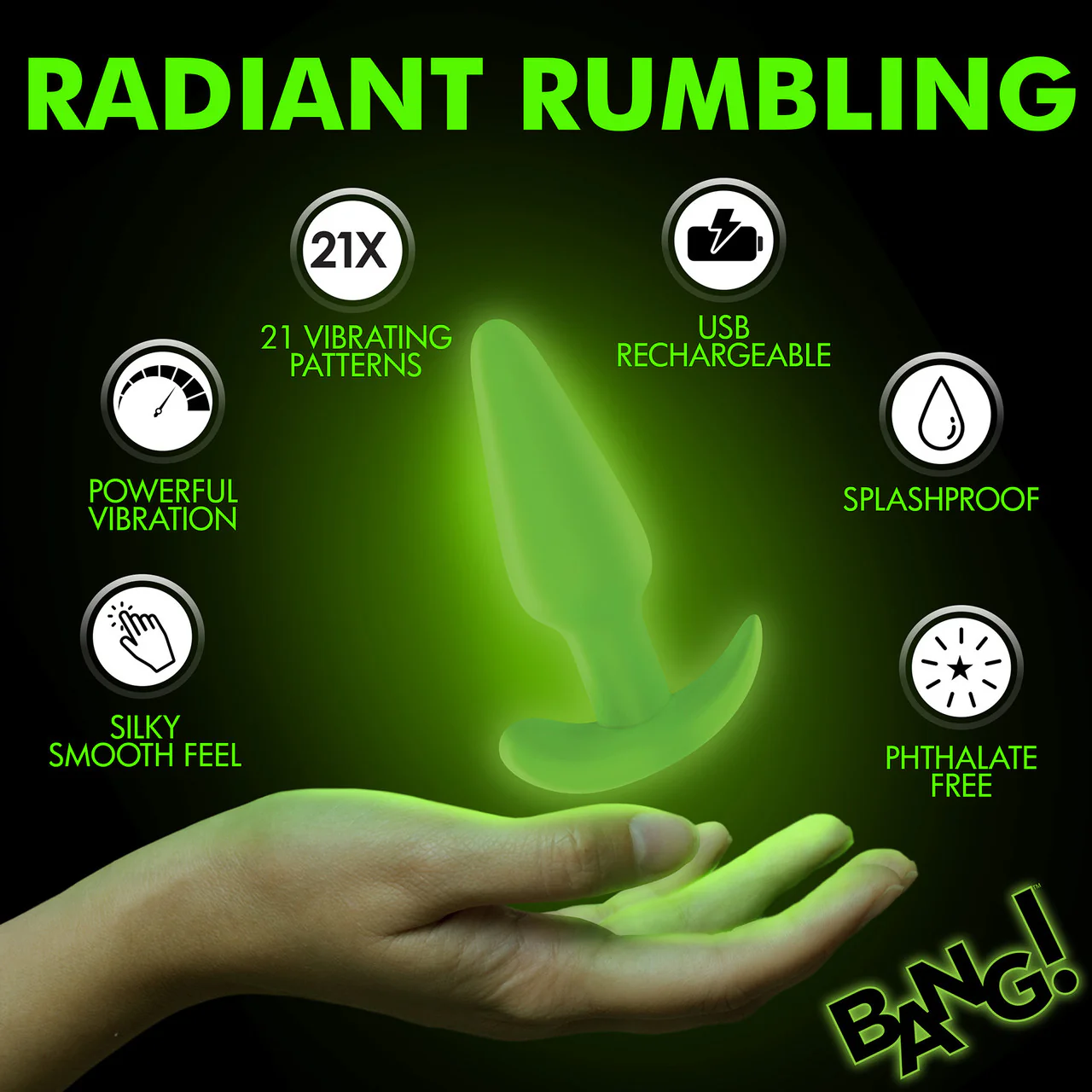 BANG! 21X Rechargeable Waterproof Vibrating Glow In The Dark Silicone Butt Plug With Remote - Green - Image 12
