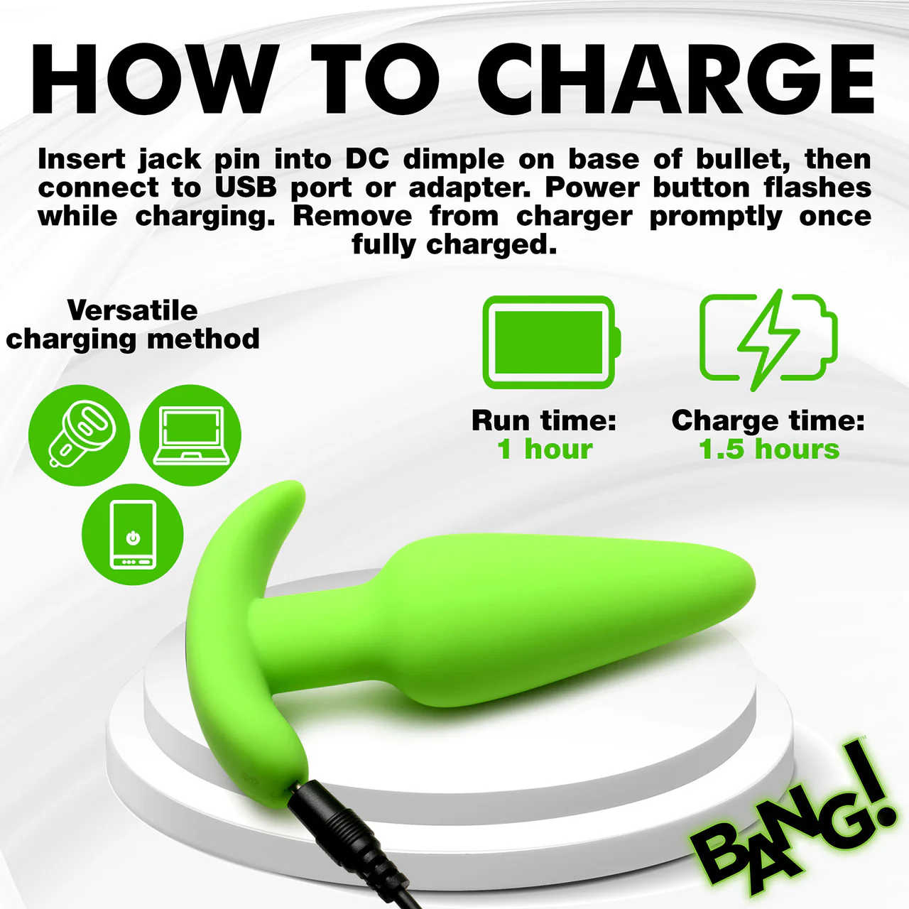 BANG! 21X Rechargeable Waterproof Vibrating Glow In The Dark Silicone Butt Plug With Remote - Green - Image 15