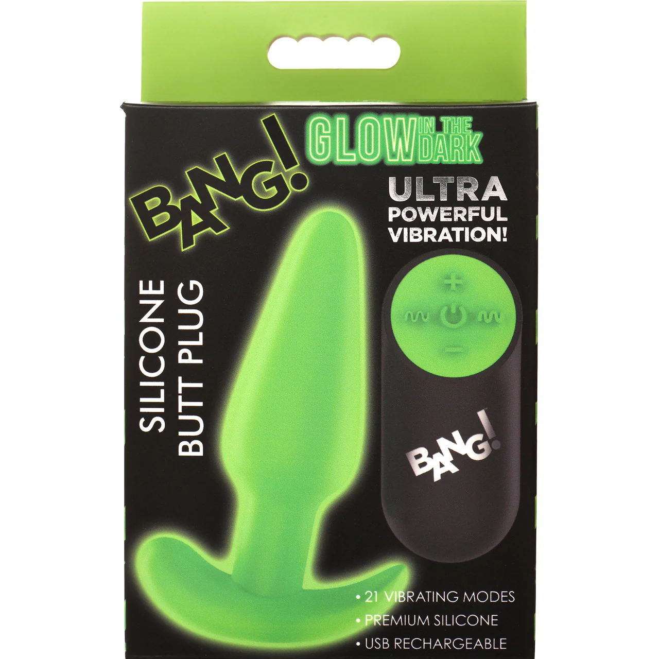 BANG! 21X Rechargeable Waterproof Vibrating Glow In The Dark Silicone Butt Plug With Remote - Green - Image 17