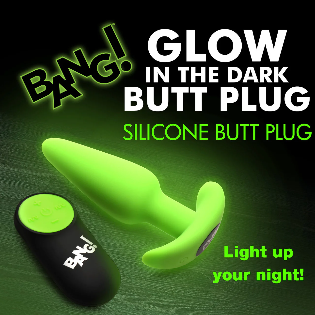 BANG! 21X Rechargeable Waterproof Vibrating Glow In The Dark Silicone Butt Plug With Remote - Green - Image 9