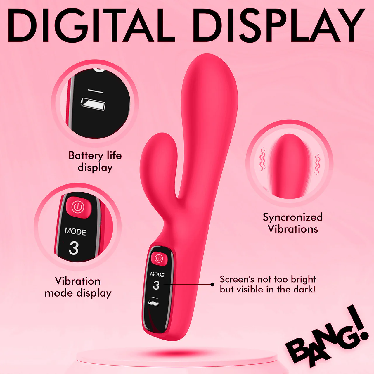 BANG! Digital Display Rechargeable Waterproof Silicone Dual Stimulation Vibrator - Pink - Image 11