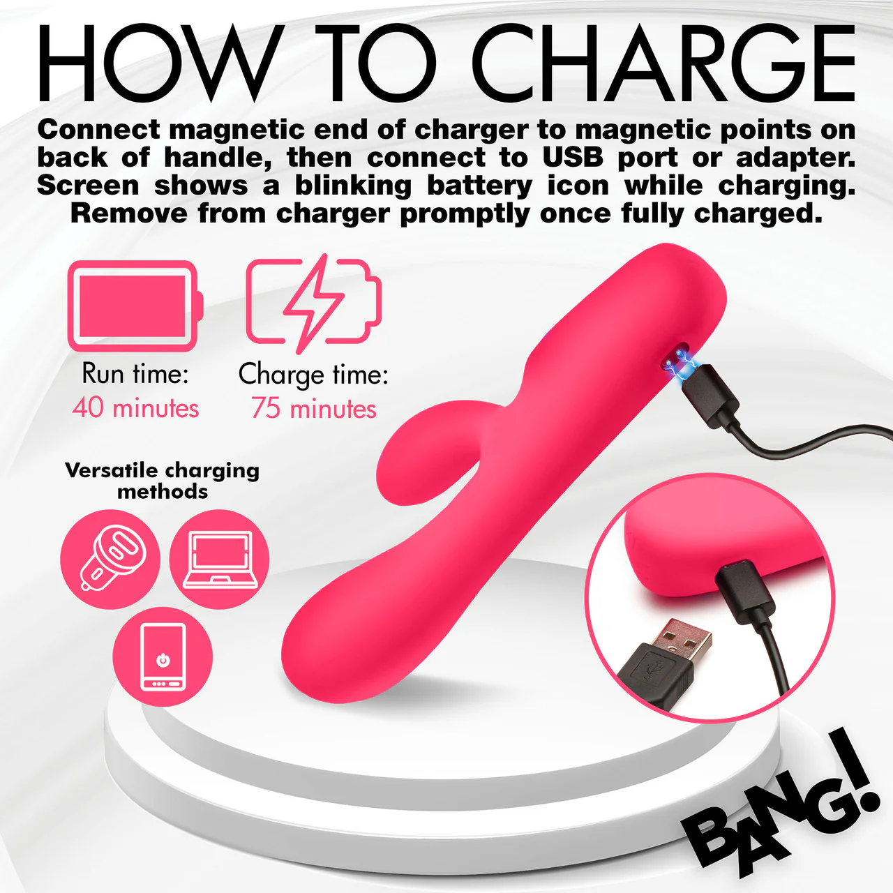 BANG! Digital Display Rechargeable Waterproof Silicone Dual Stimulation Vibrator - Pink - Image 16