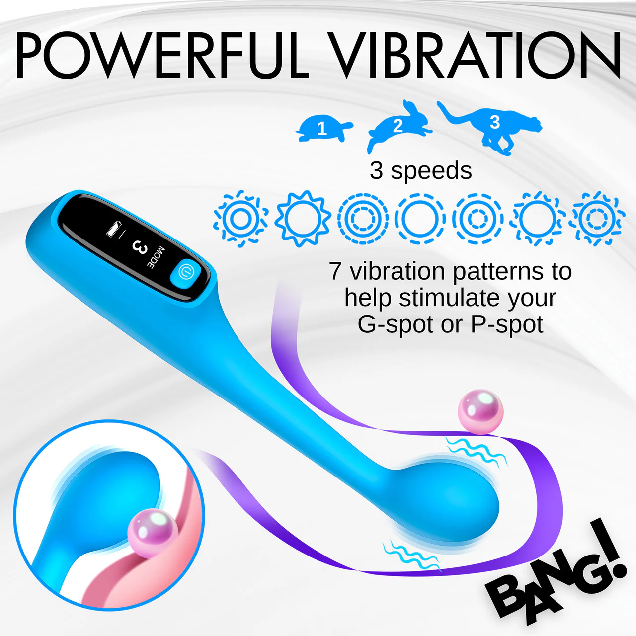 BANG! Digital Display Rechargeable Waterproof Silicone G-Spot Vibrator - Blue - Image 14