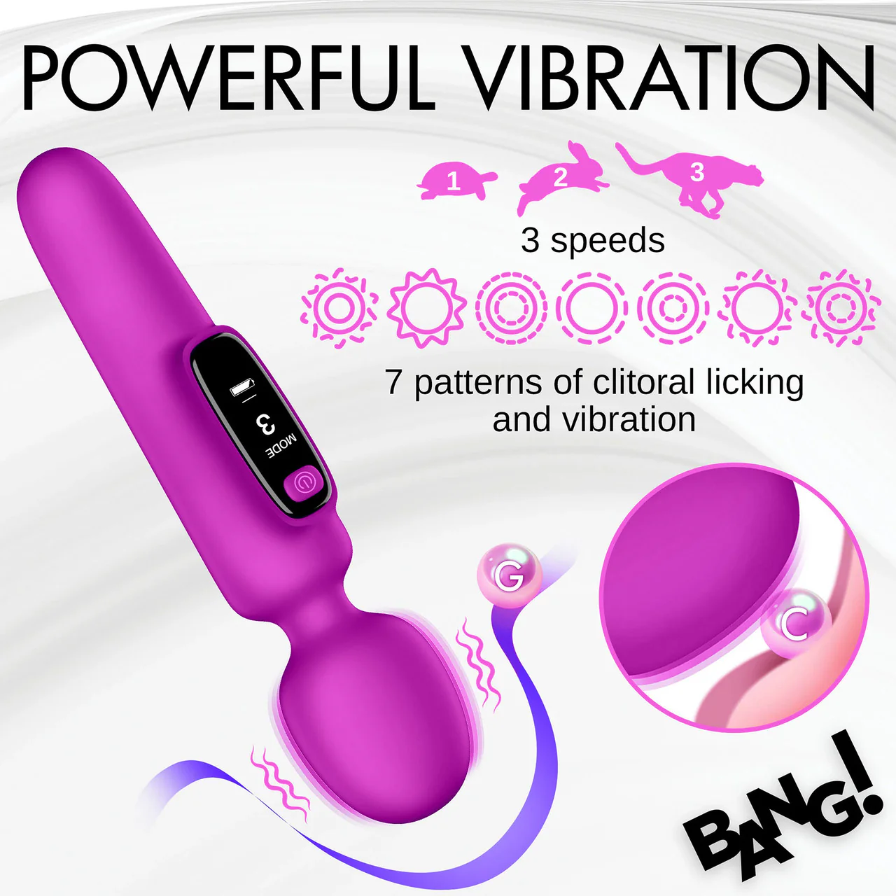 BANG! Digital Display Rechargeable Waterproof Silicone Wand Style Vibrator - Purple - Image 11