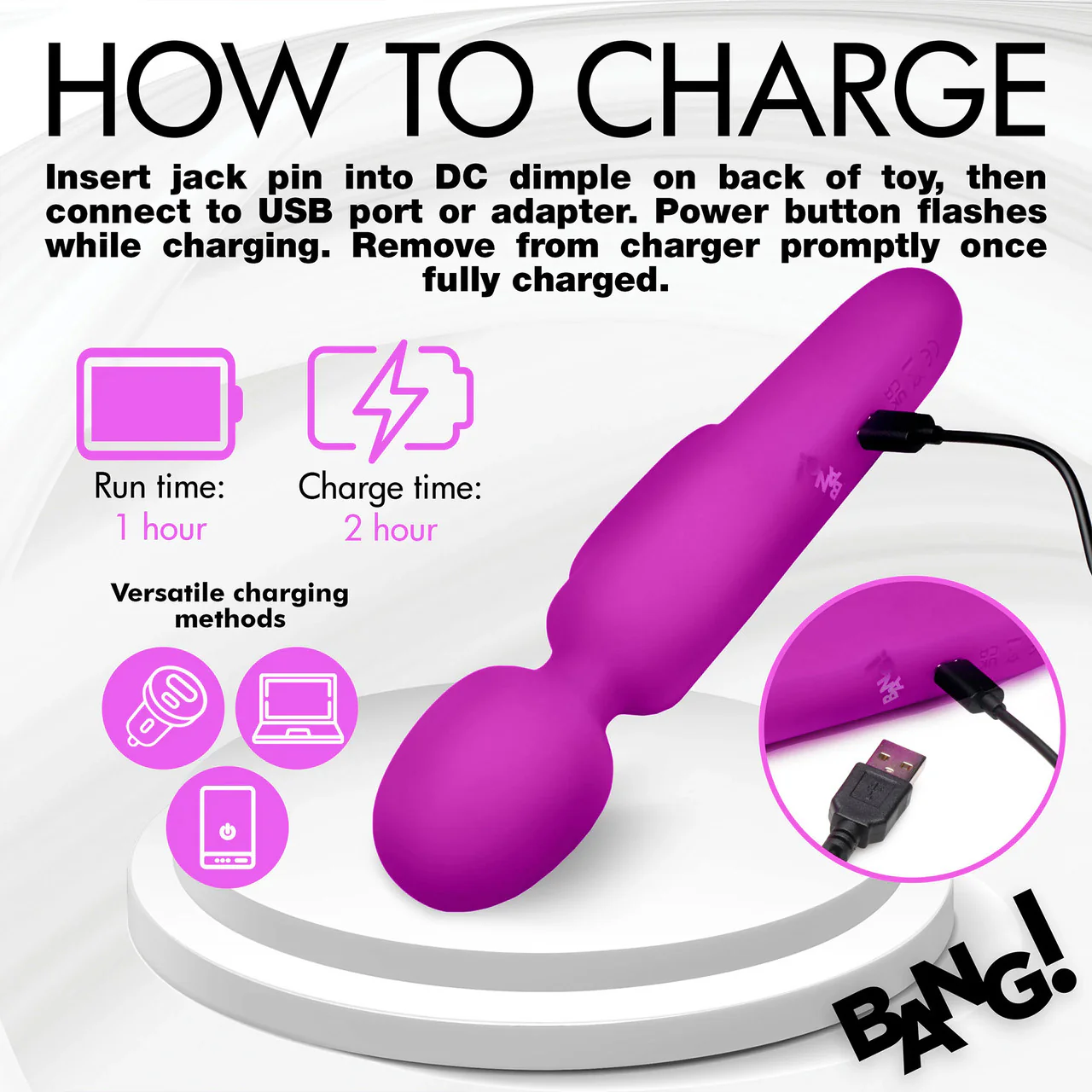 BANG! Digital Display Rechargeable Waterproof Silicone Wand Style Vibrator - Purple - Image 15