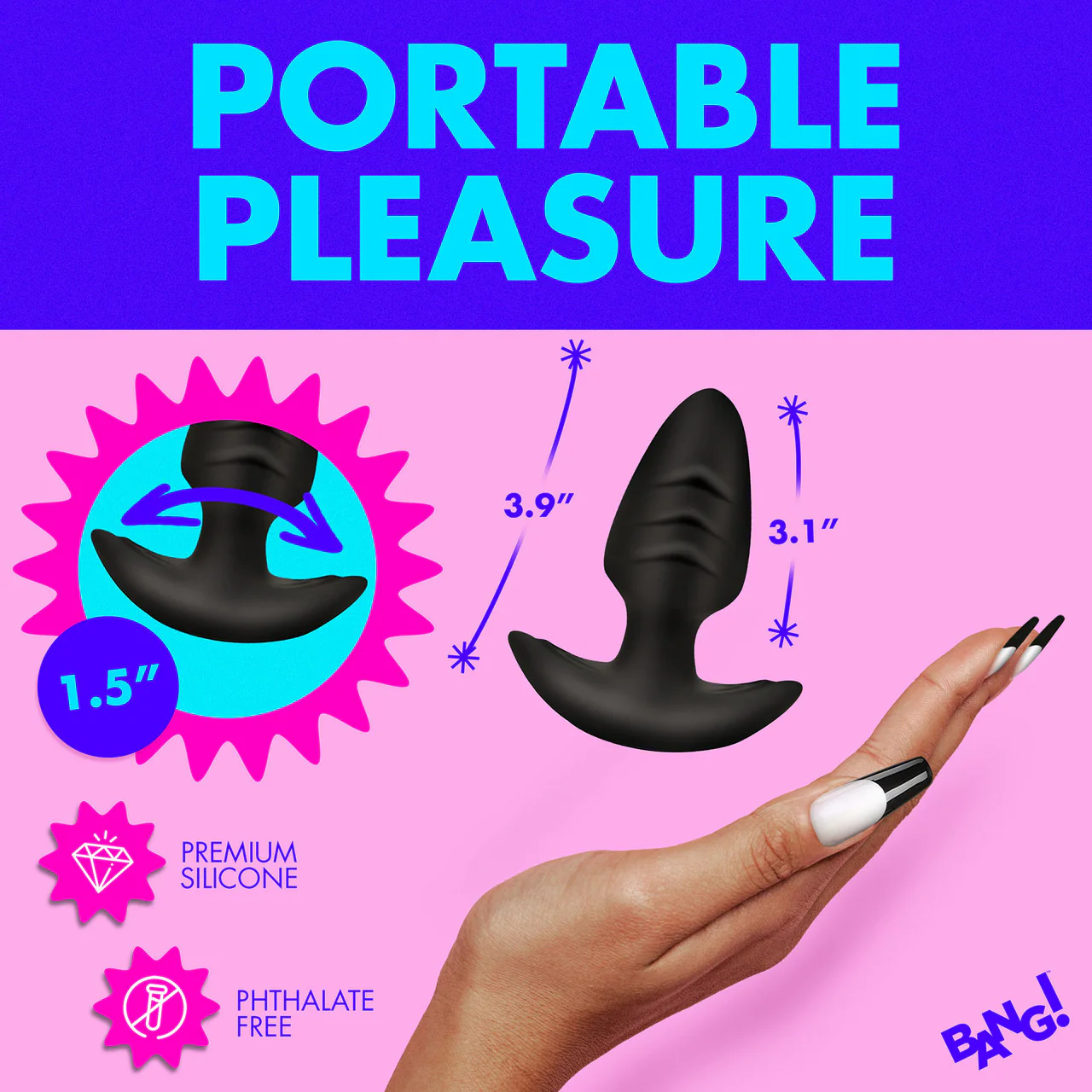 BANG! Rechargeable Rotating & Vibrating Silicone Butt Plug With Remote - Black - Image 11