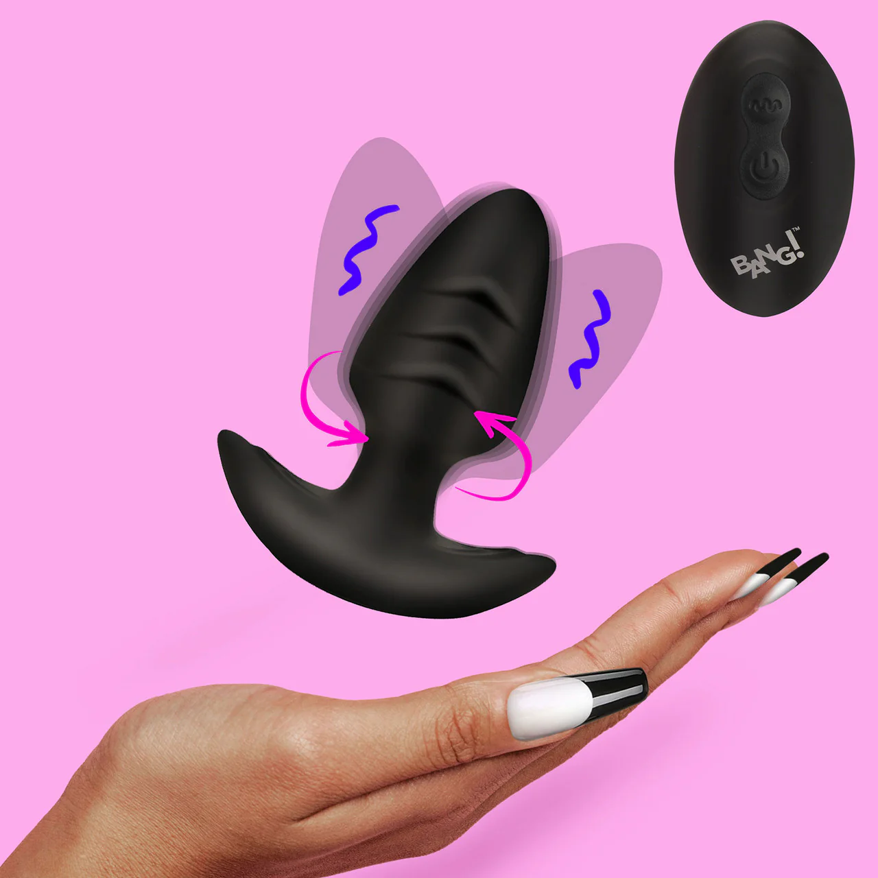 BANG! Rechargeable Rotating & Vibrating Silicone Butt Plug With Remote - Black - Image 14