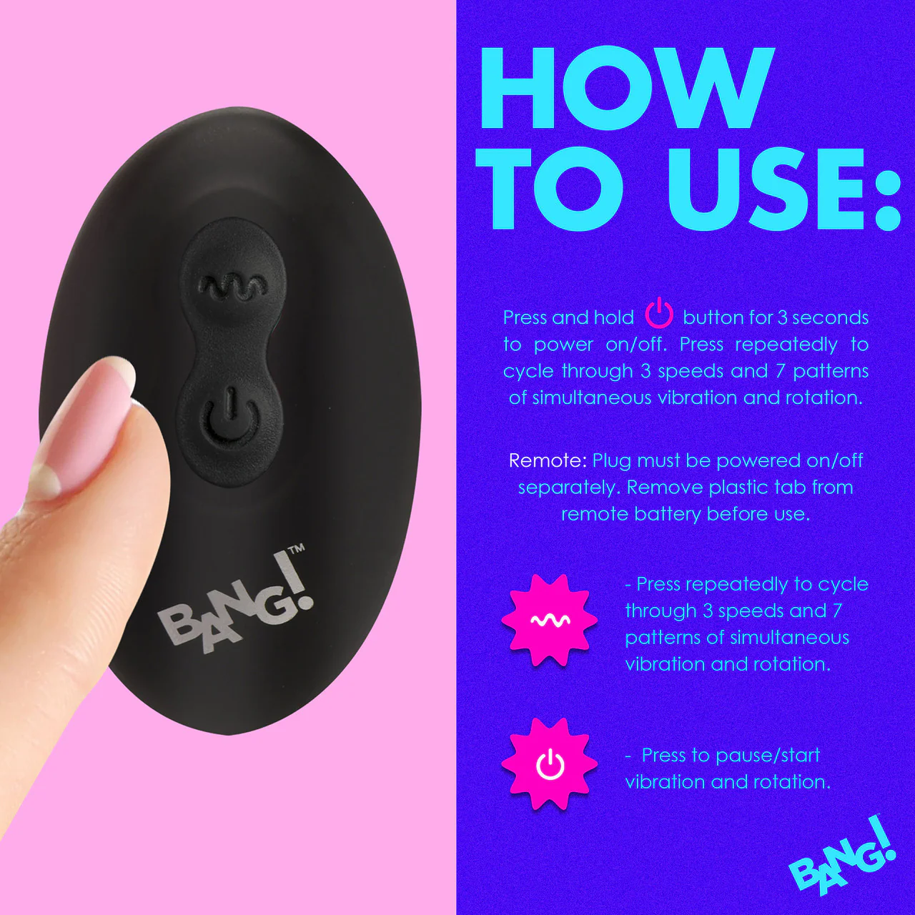 BANG! Rechargeable Rotating & Vibrating Silicone Butt Plug With Remote - Black - Image 16