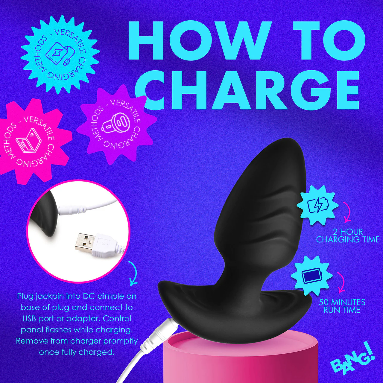 BANG! Rechargeable Rotating & Vibrating Silicone Butt Plug With Remote - Black - Image 17